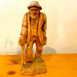 Carved wood figurine man carrying a bucket and walking stick approximately 7"
